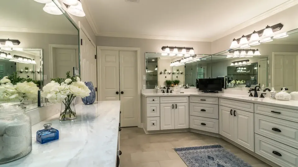 Remodeled bathroom with tiled shower