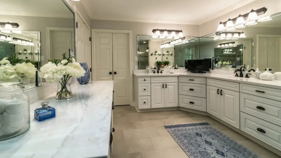 Remodeled bathroom with tiled walk-in shower